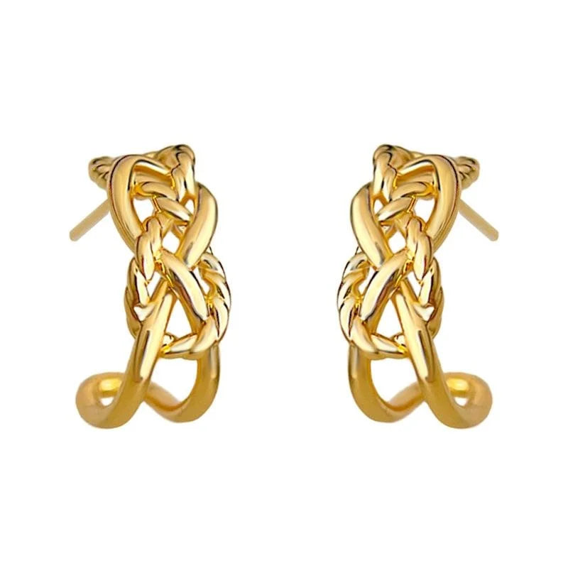 Gold Copper C Shape Hoop Earrings Minimalist Hollow Wide Chain Geometric Old Money Jewelry