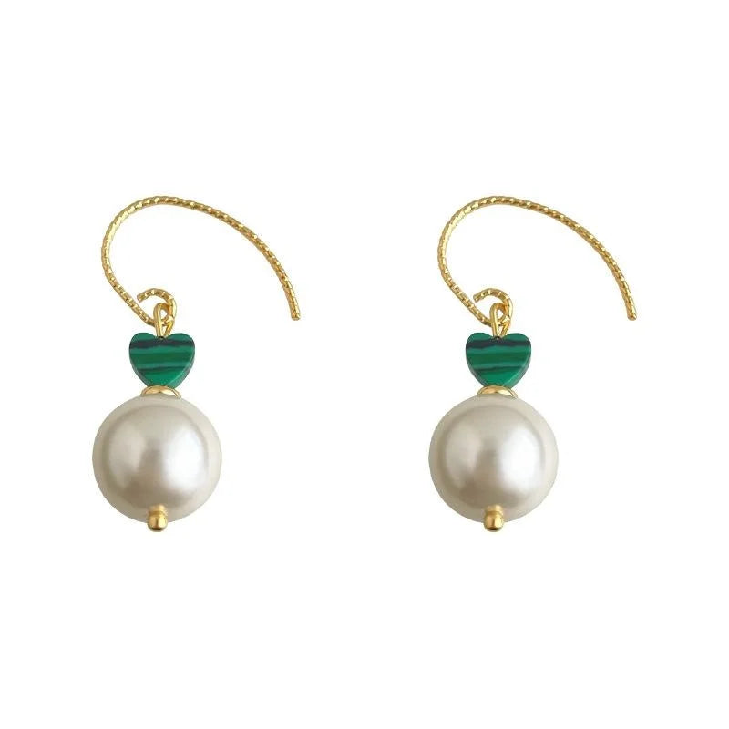 Vintage Ethnic New Chinese Glass Pearl Synthetic Malachite Geometric Round Drop Earrings