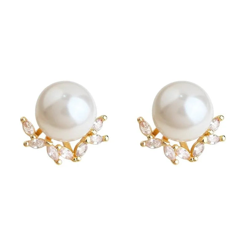 14K Gold Plated Copper Glass Pearl Zircon Floral Leaf Stud Earrings Elegant Commuter Jewelry