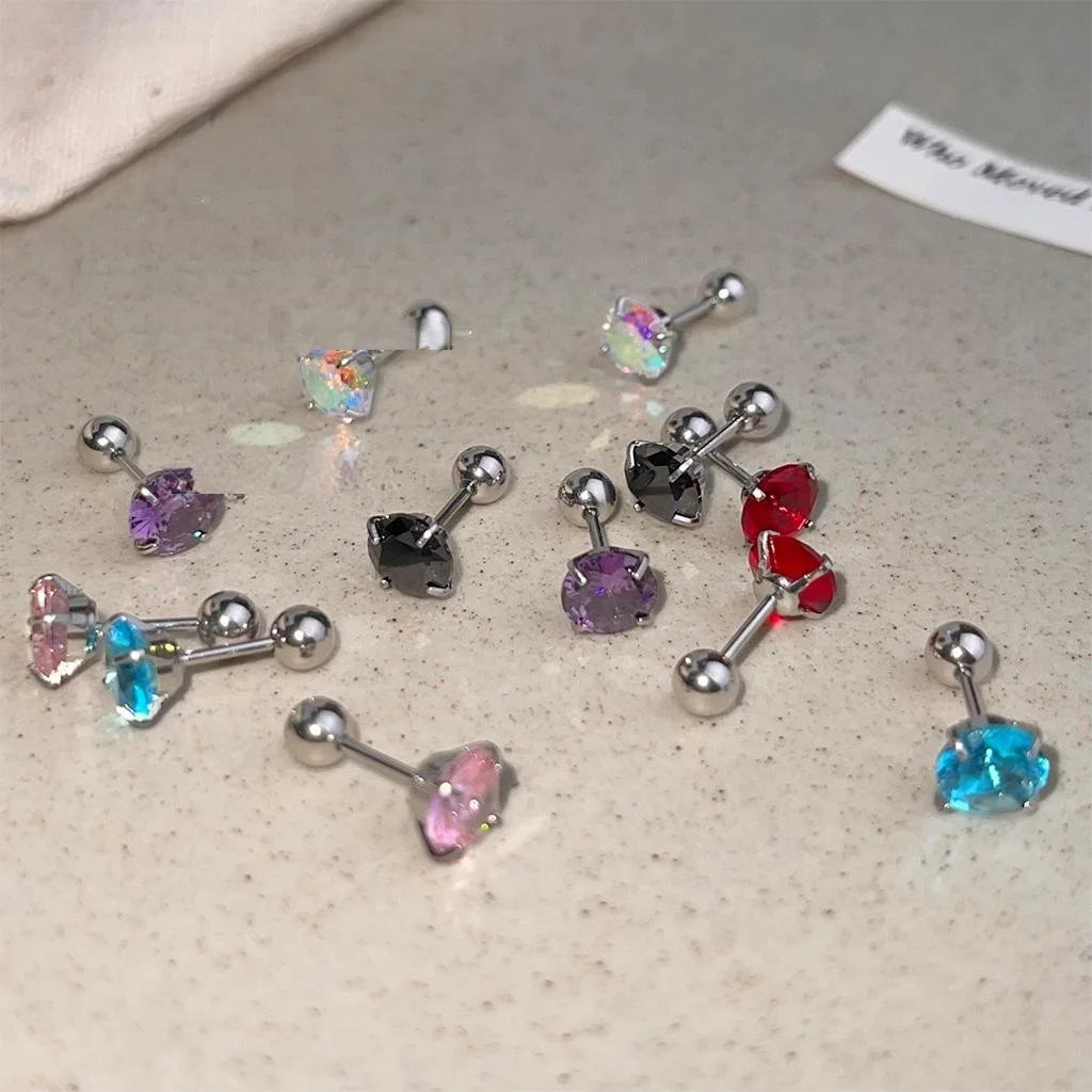 304 Stainless Steel Screw Back Stud Earrings With Colorful Zircon Round Geometric Minimalist Design