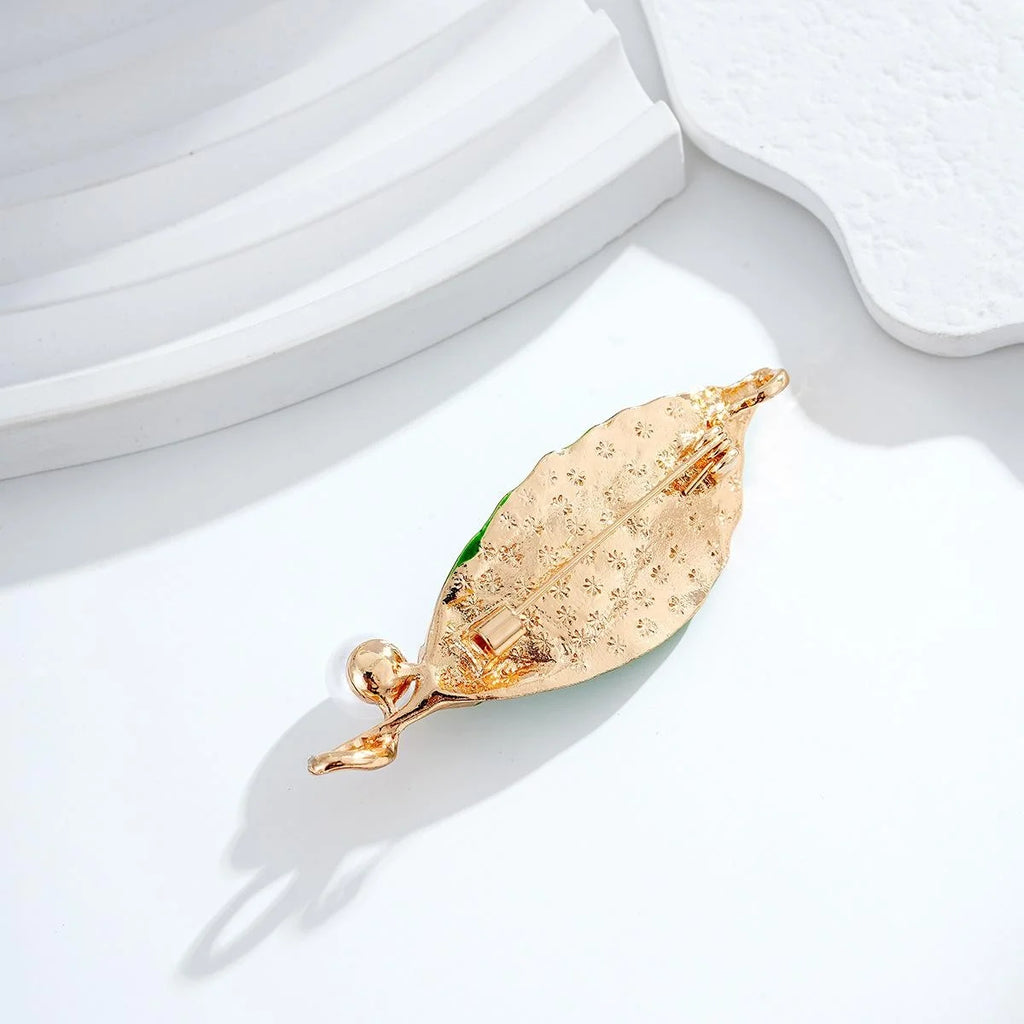Elegant Green Enamel Double Leaf Brooch With Rhinestones And Pearl, Luxury Lapel Pin Suit Accessory Gift