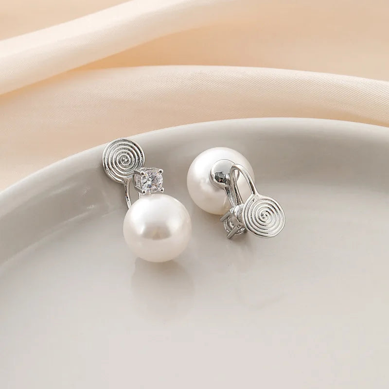 Luxury Classic 12mm Pearl Drop Zircon Spiral Alloy Stud & Clip On No Piercing Earrings