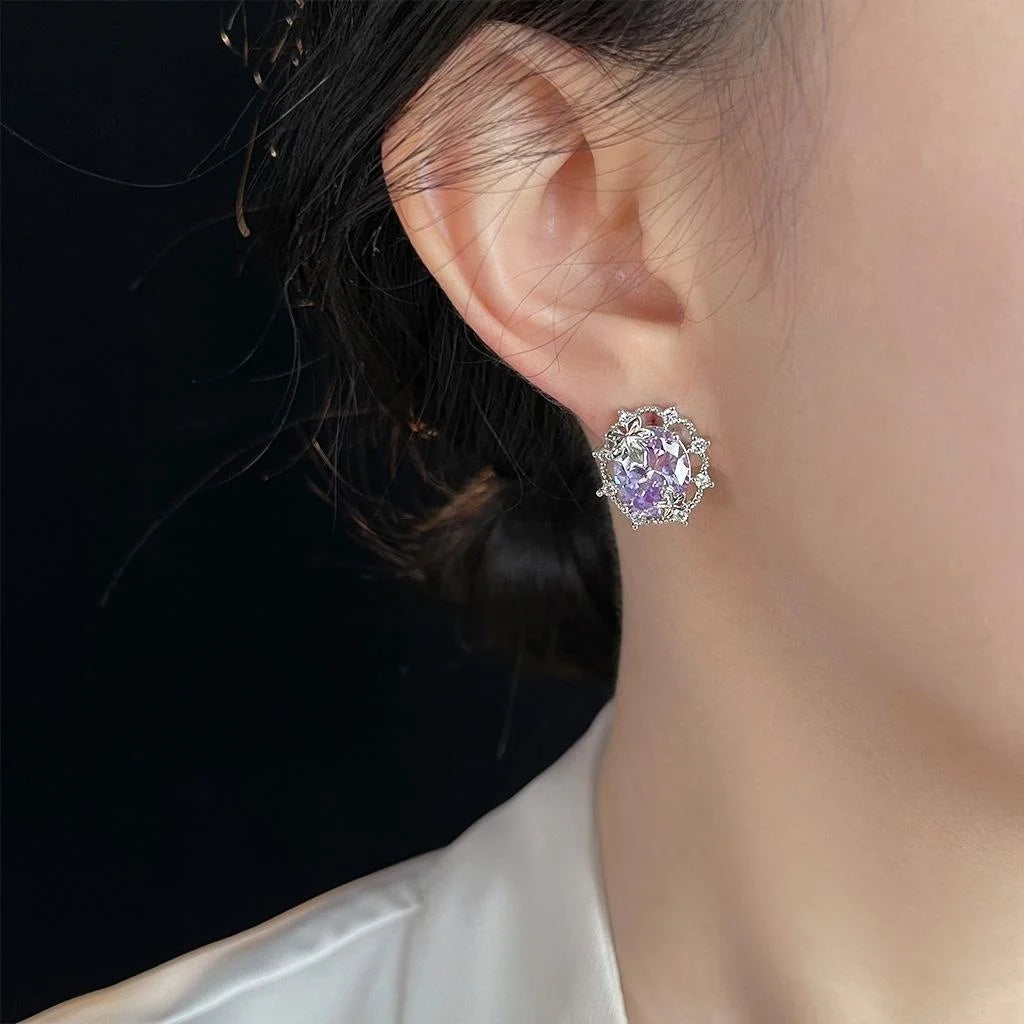 Light Luxury Purple Zircon Geometric Leaf Copper Stud Earrings