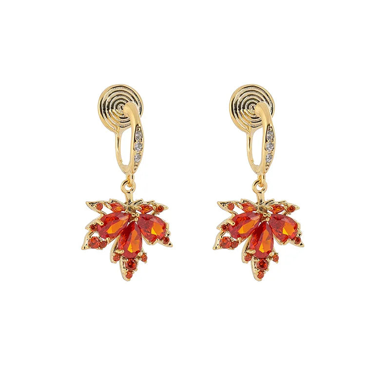 Luxury Orange Red Zircon Maple Leaf Dangle Stud & Clip On No Piercing Gold Alloy Vintage Earrings