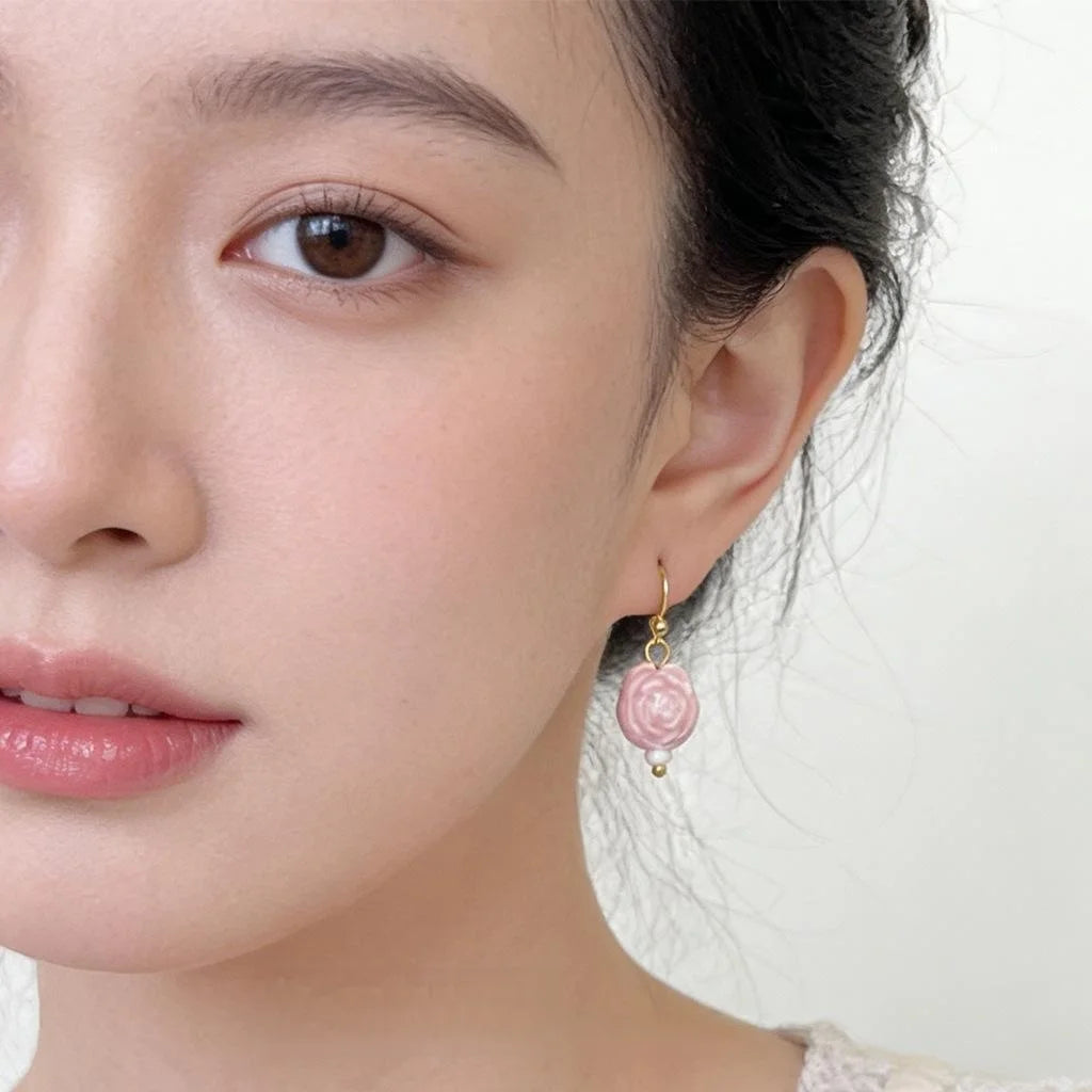 Handmade Ceramic Rose Flower Drop Earrings Minimalist Elegant Floral Jewelry