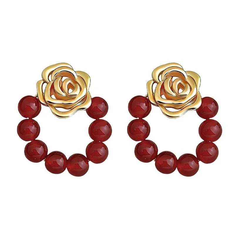 Handmade Ethnic Geometric Rose Natural Red Agate Copper Drop Earrings Posts