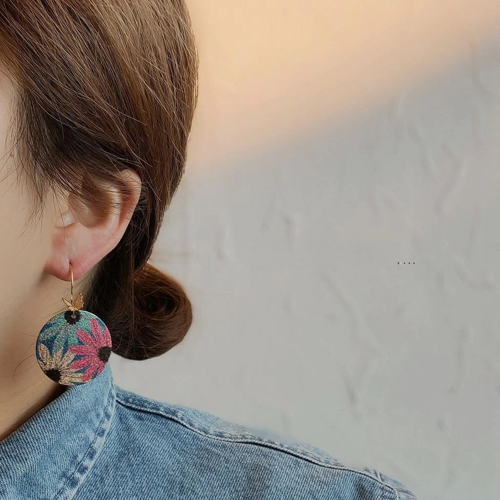 Gold Plated Copper Round Geometric Butterfly Flower Drop Earrings Ethnic Painted Statement Jewelry