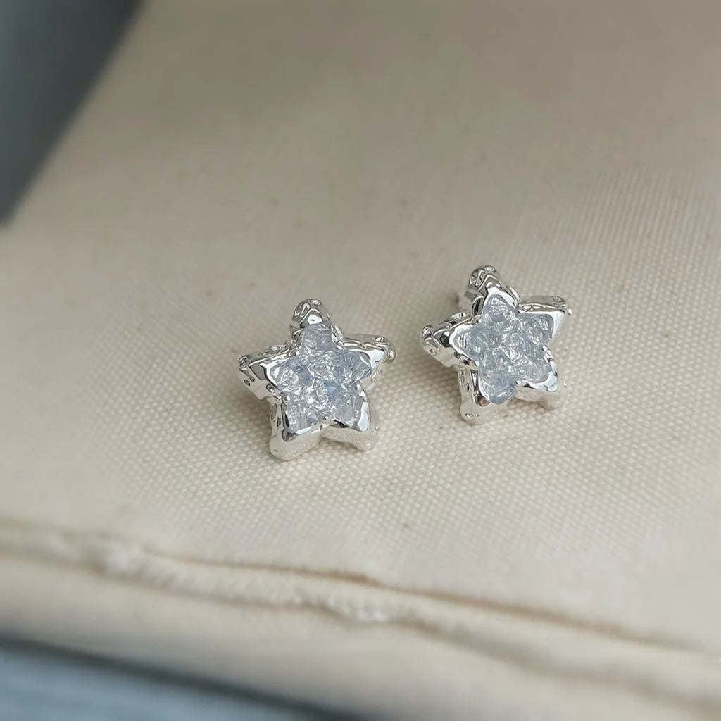 Blue Ice Glass Crystal Five Point Star Stud Earrings Silver Plated Fresh Sweet Summer Jewelry