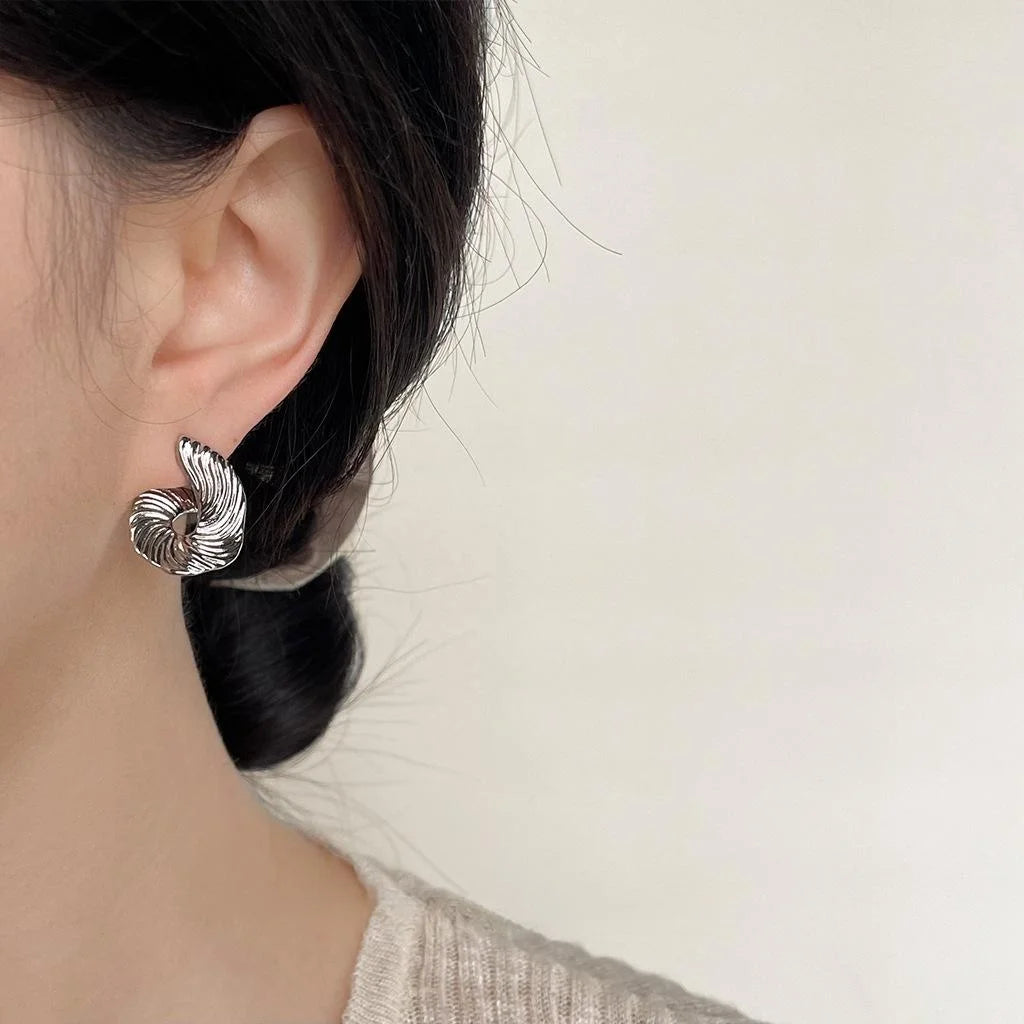 French Vintage Textured Copper Stud Earrings Irregular Geometric Hoop Design