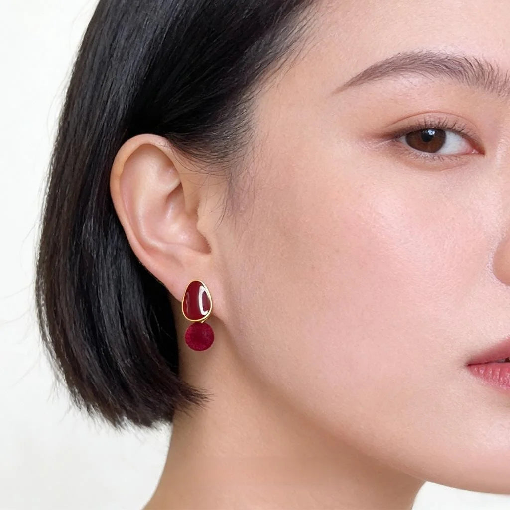 Retro Hong Kong Style Burgundy Flocked Pom Ball Drop Earrings With Drip Enamel