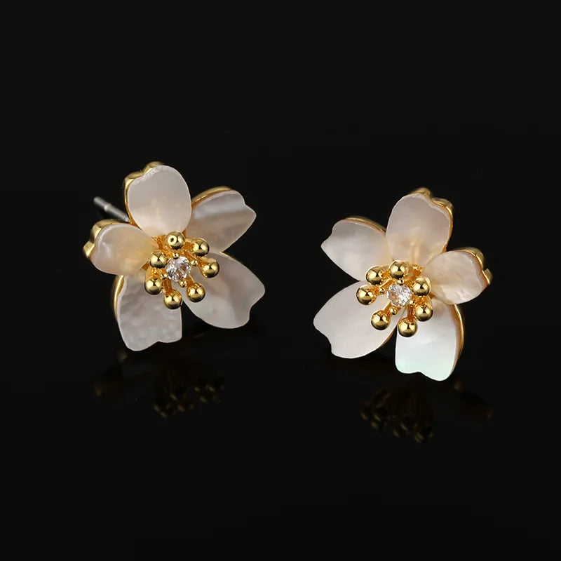 Elegant Sakura Flower Natural Shell Zircon Gold Alloy Stud & Clip On No Piercing Spiral Back Earrings