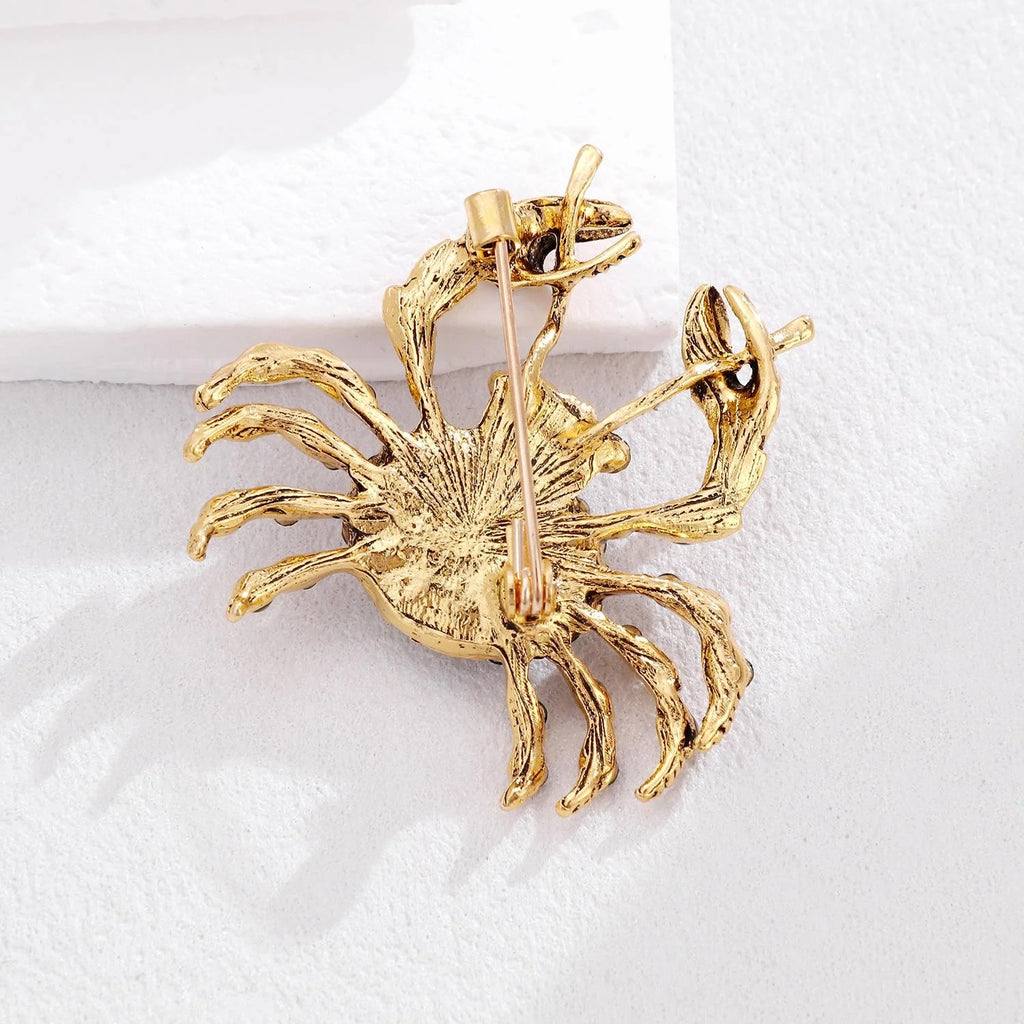 Cute Gold Alloy Crab Brooch With Green Rhinestones, Elegant Ocean Lapel Pin Suit Accessory Gift