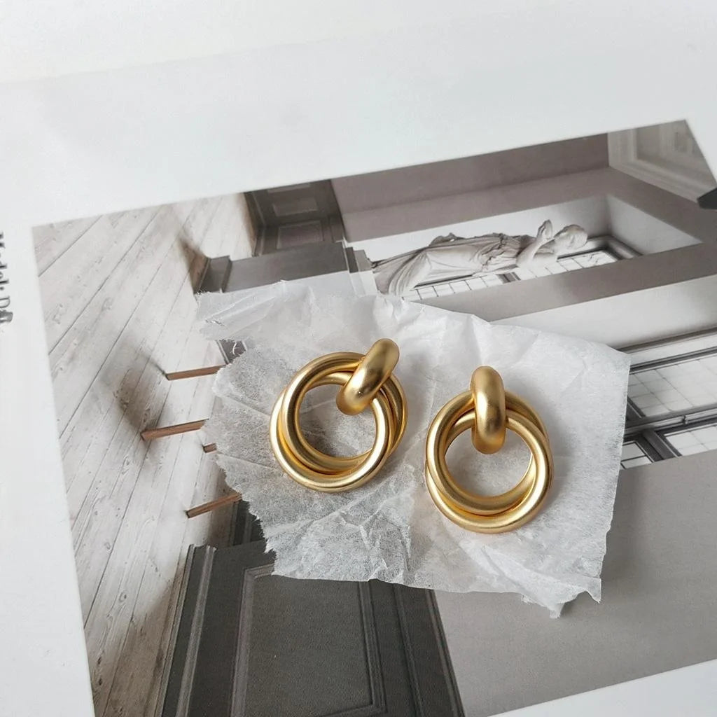 Matte Metal Geometric Rope Knot Drop Earrings, Korean Minimalist Round Jewelry
