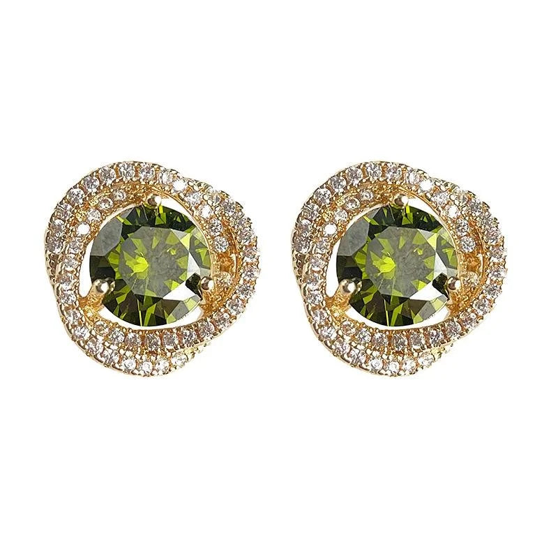 French Vintage Olive Green Micro Pave Zircon Stud Earrings Round Geometric Woven Design