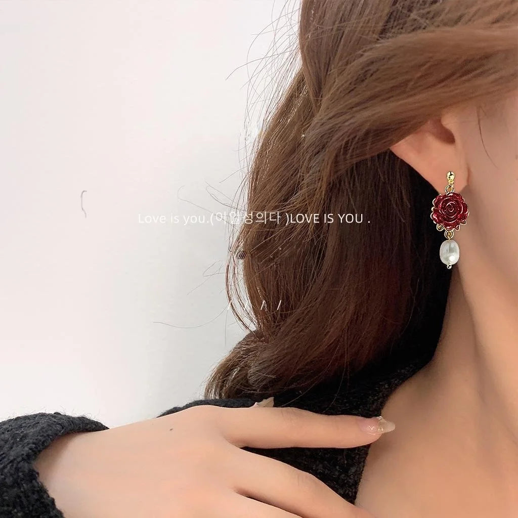 French Vintage Handmade Rose Stud Earrings 14K Plated Copper Freshwater Pearl Floral Jewelry