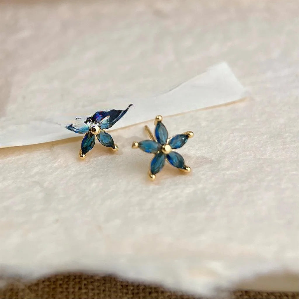 Blue Micro Pave Zircon Flower Stud Earrings For Women, Simple Summer Petal Jewelry