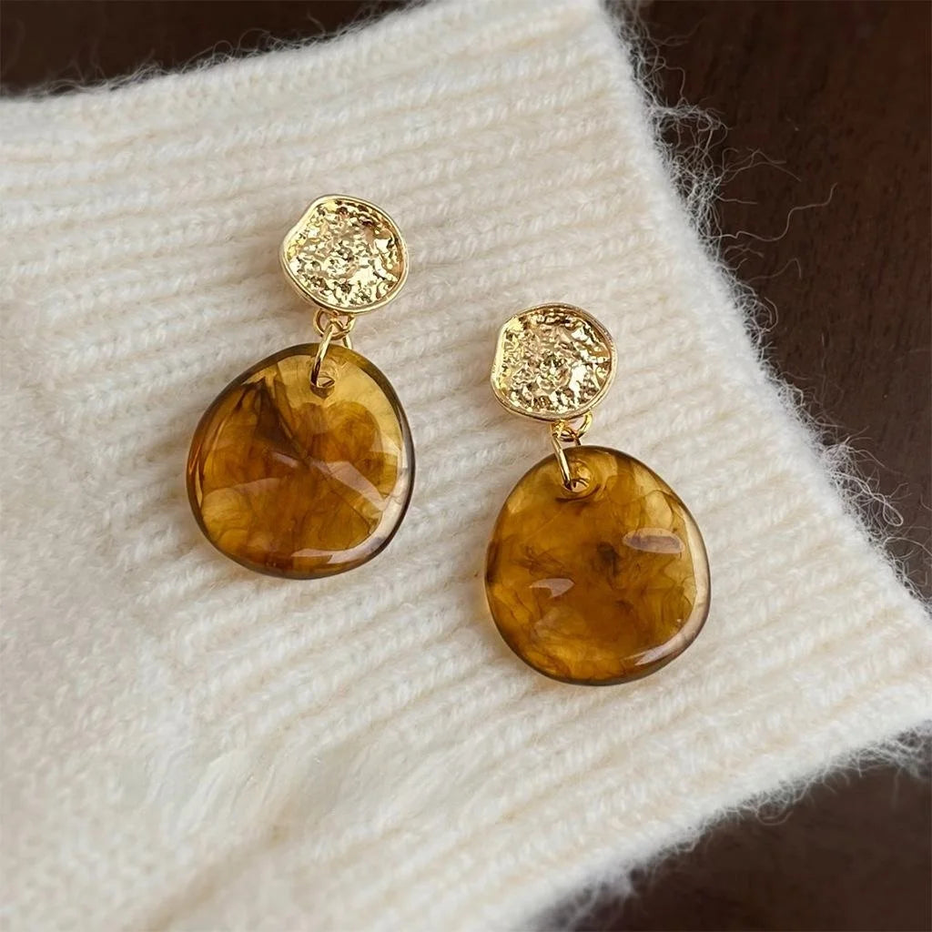 French Vintage Wine Red Irregular Geometric Resin Stud Earrings Handmade Elegant Office Style