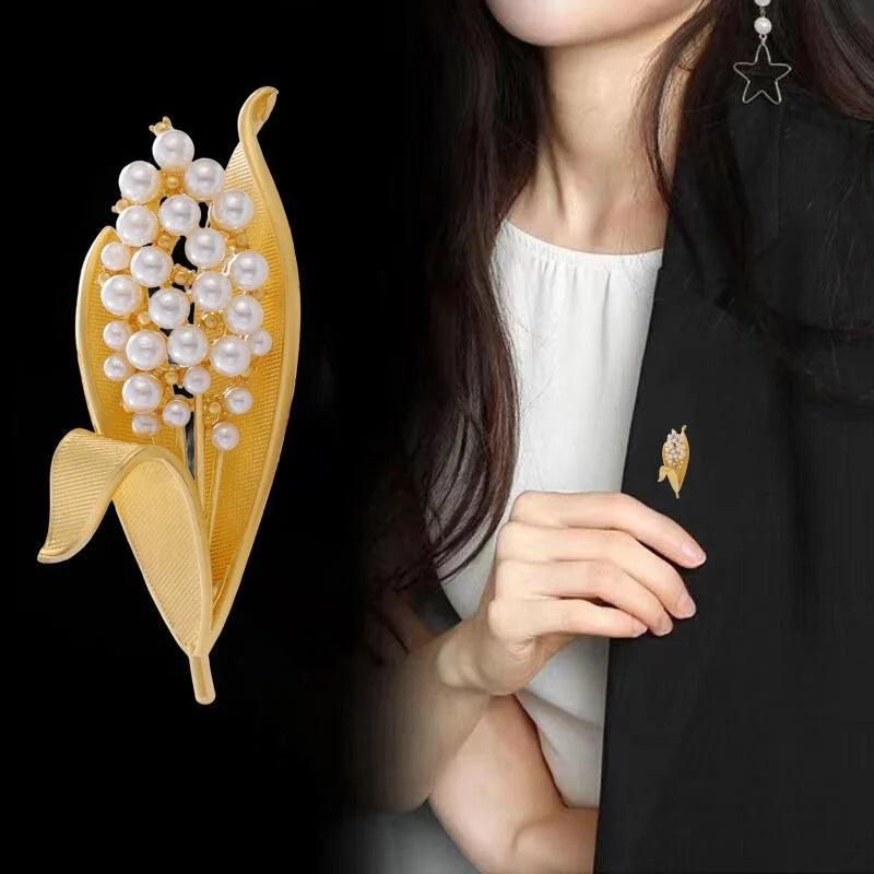 Elegant Gold Alloy Pearl Lily Of The Valley Leaf Brooch For Women, French Lapel Pin Suit Accessory