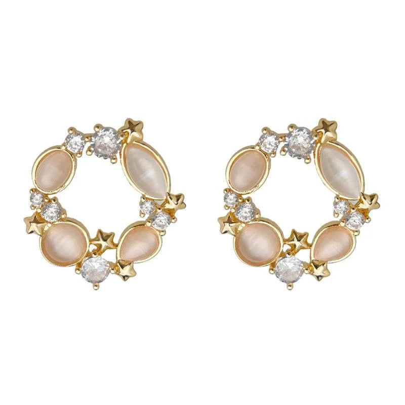 14K Plated Eco Copper Glass Cat Eye Flower Stud Earrings Micro Pave Zircon Light Luxury Jewelry