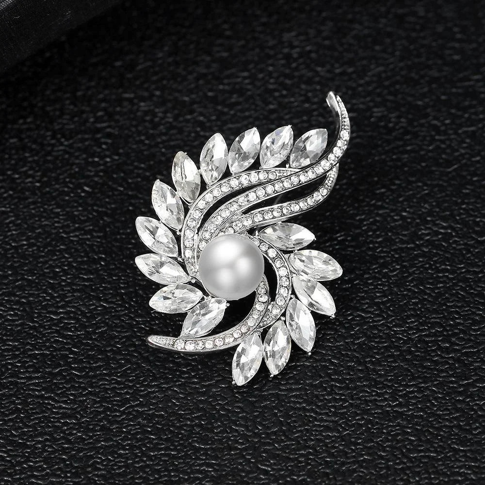 Elegant Rhinestone Crystal Swirl Flower Brooch With Faux Pearl Center, Luxury Lapel Pin Suit Accessory
