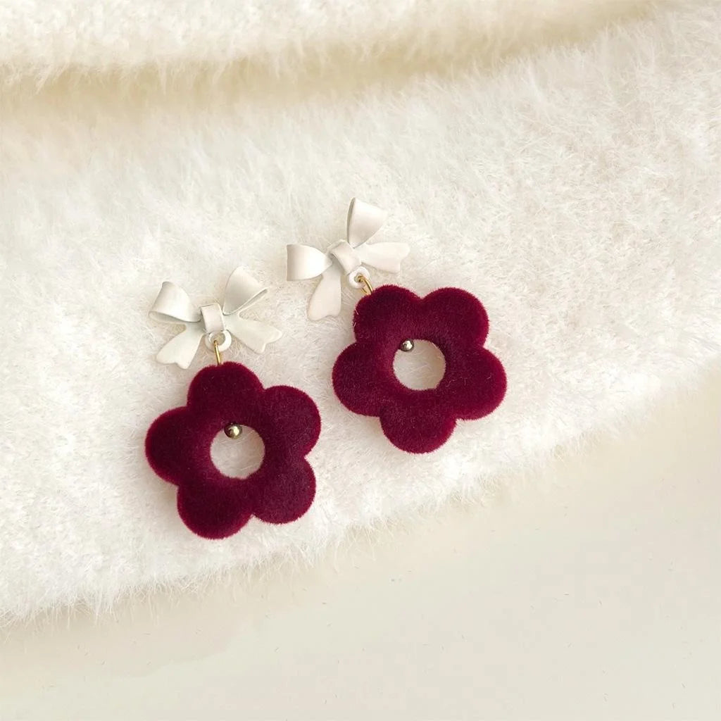 French Vintage Copper Red Flocked Flower Bow Heart Drop Earrings For Women