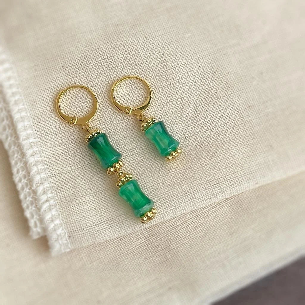 New Chinese Style Green Bamboo Segment Copper Asymmetric Drop Earrings Handmade Geometric Ear Jewelry