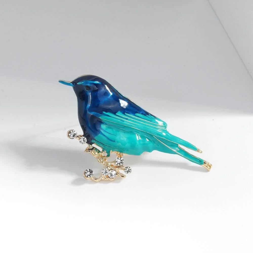 Elegant Blue Enamel Bird Alloy Brooch With Rhinestone Branch, Fashion Lapel Pin Corsage Suit Accessory Gift