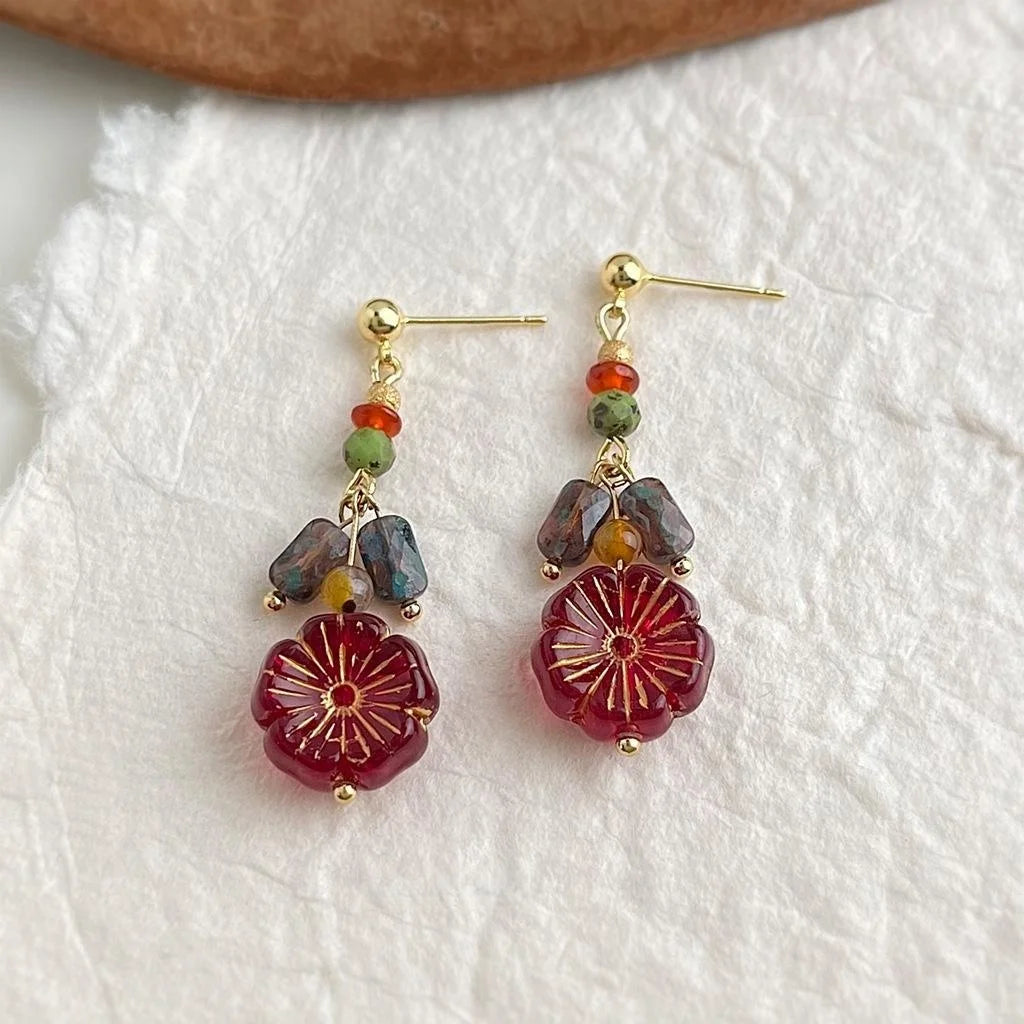 Vintage Ethnic Czech Glass Flower Petal Tassel Drop Earrings Handmade Floral Jewelry