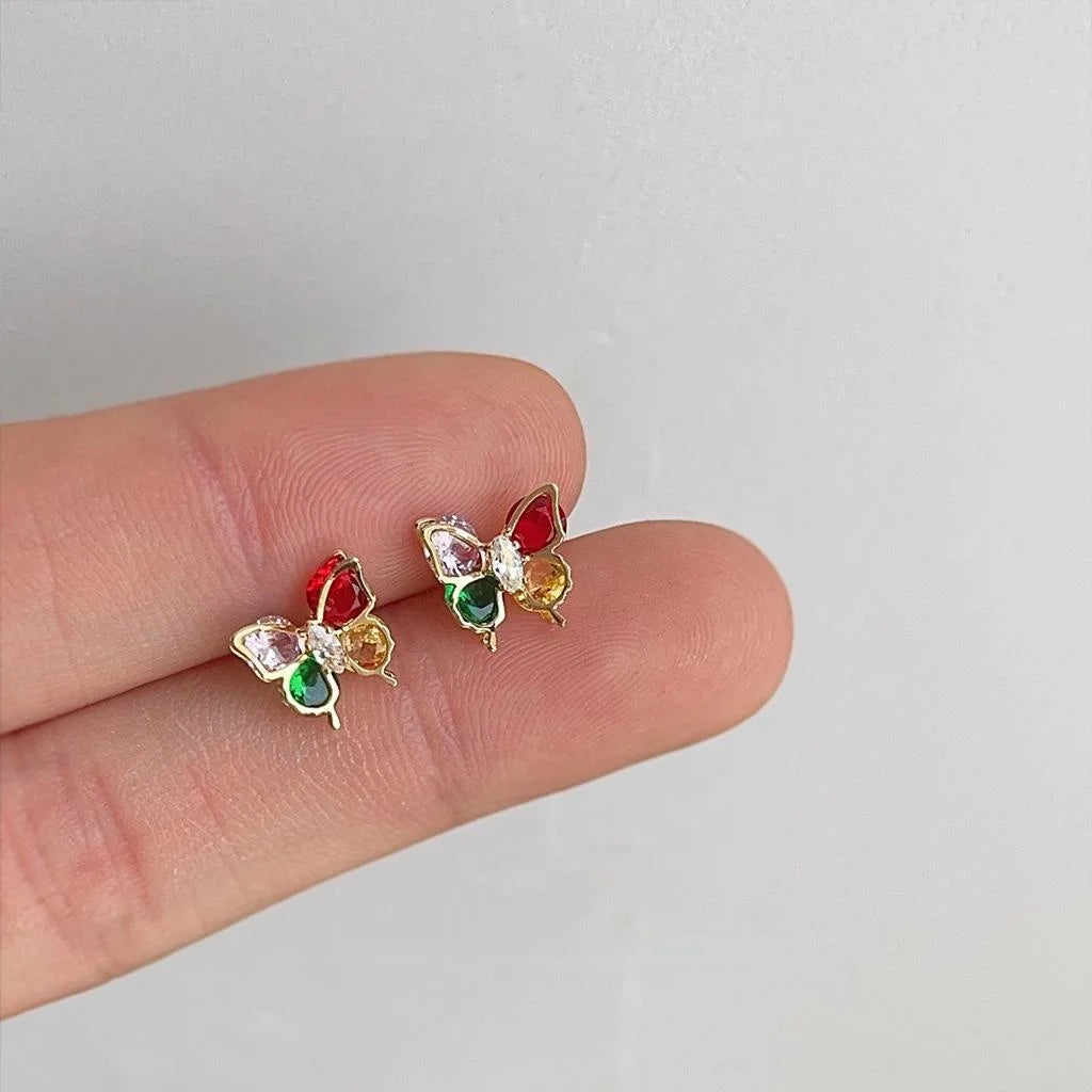 Cute Colorful Zircon Butterfly Stud Earrings 14K Plated Copper Sweet Fresh Jewelry