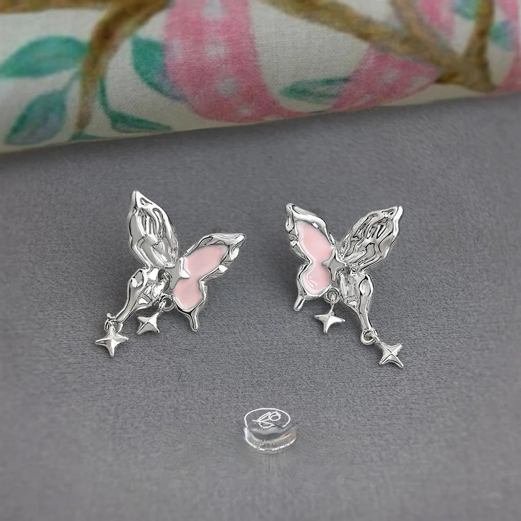 Sweet Cool Pink Enamel Butterfly Drop Earrings, Copper Liquid Texture Star Design