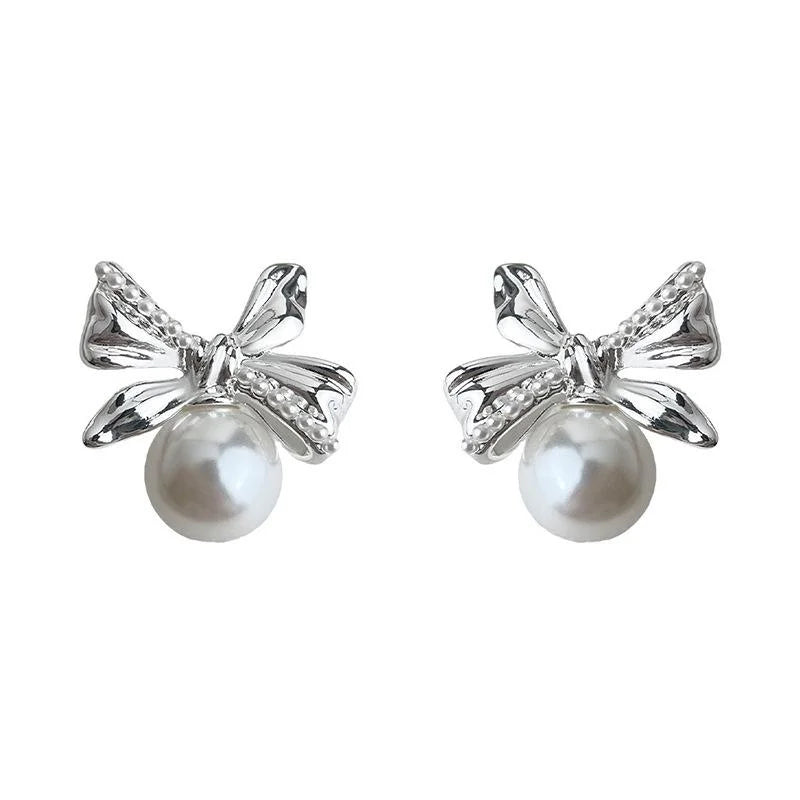 Fashion Silver Bow Glass Pearl Stud Earrings Eco-Friendly Copper Geometric Sweet Jewelry