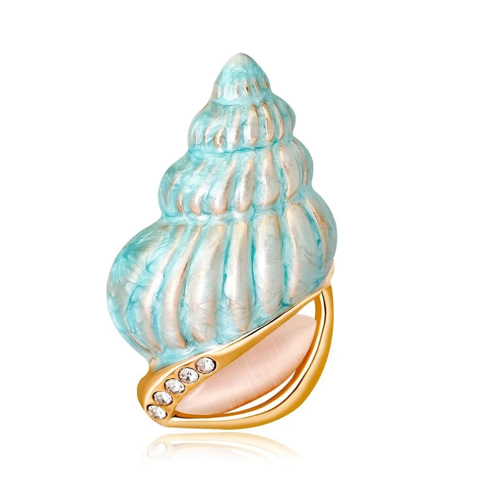 Elegant Light Blue Conch Shell Enamel Brooch With Rhinestones, Alloy Lapel Pin Corsage Suit Accessory