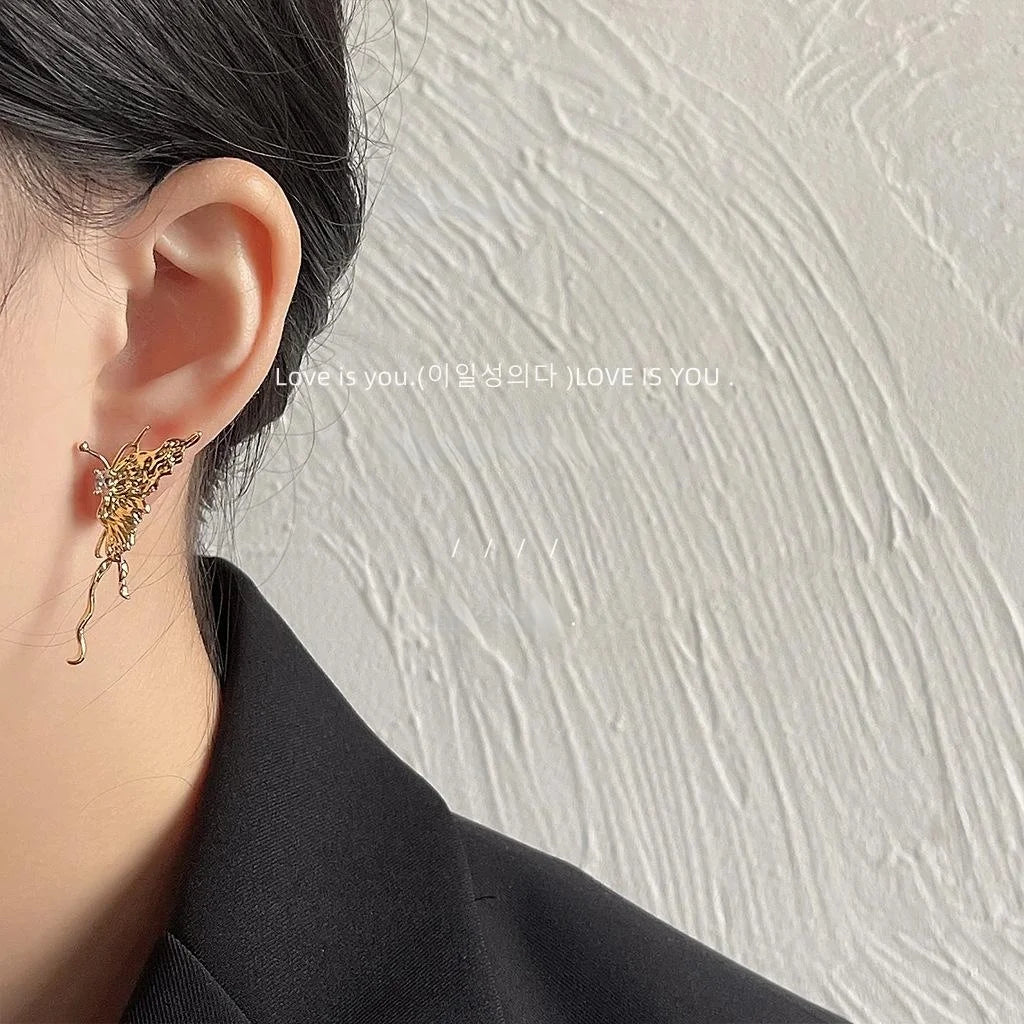 Original Design 14K Plated Copper Liquid Butterfly Stud Earrings Sweet Cool Style