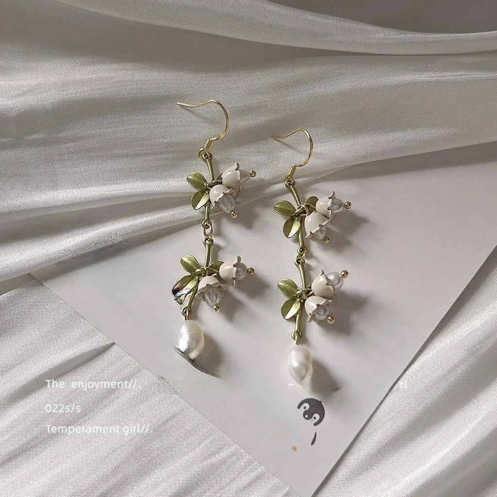 Handmade Lily Of The Valley Leaf Drop Earrings With Freshwater Pearls And Silver Plated Pins
