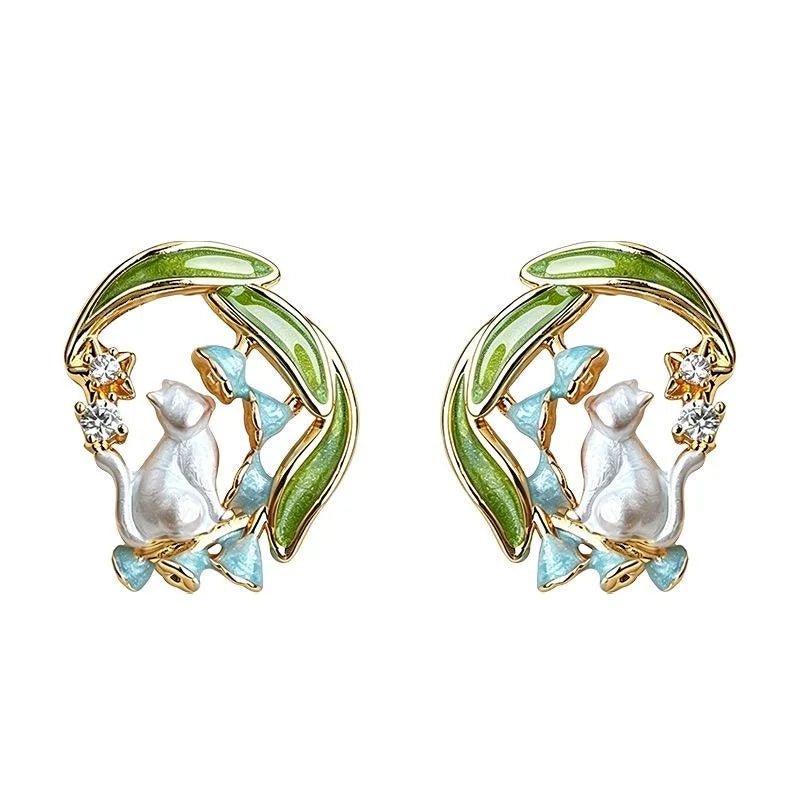 Cute Cat And Orchid Painted Micro Pave Zircon Copper Stud Earrings With Silver Plated Pins