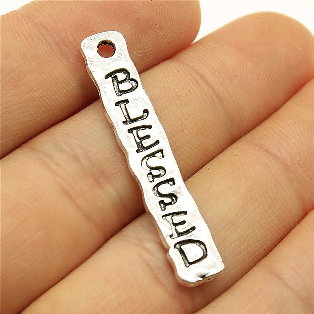 40x7mm 2.3g Antique Silver Zinc Alloy blessed Long Word Tag Letter Charm Pendant for DIY Jewelry Making