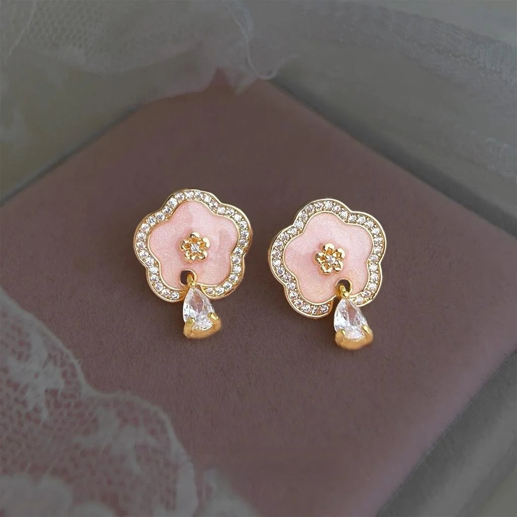 Original Plum Blossom Micro Pave Zircon 14K Plated Enamel Pink Flower Copper Drop Earrings