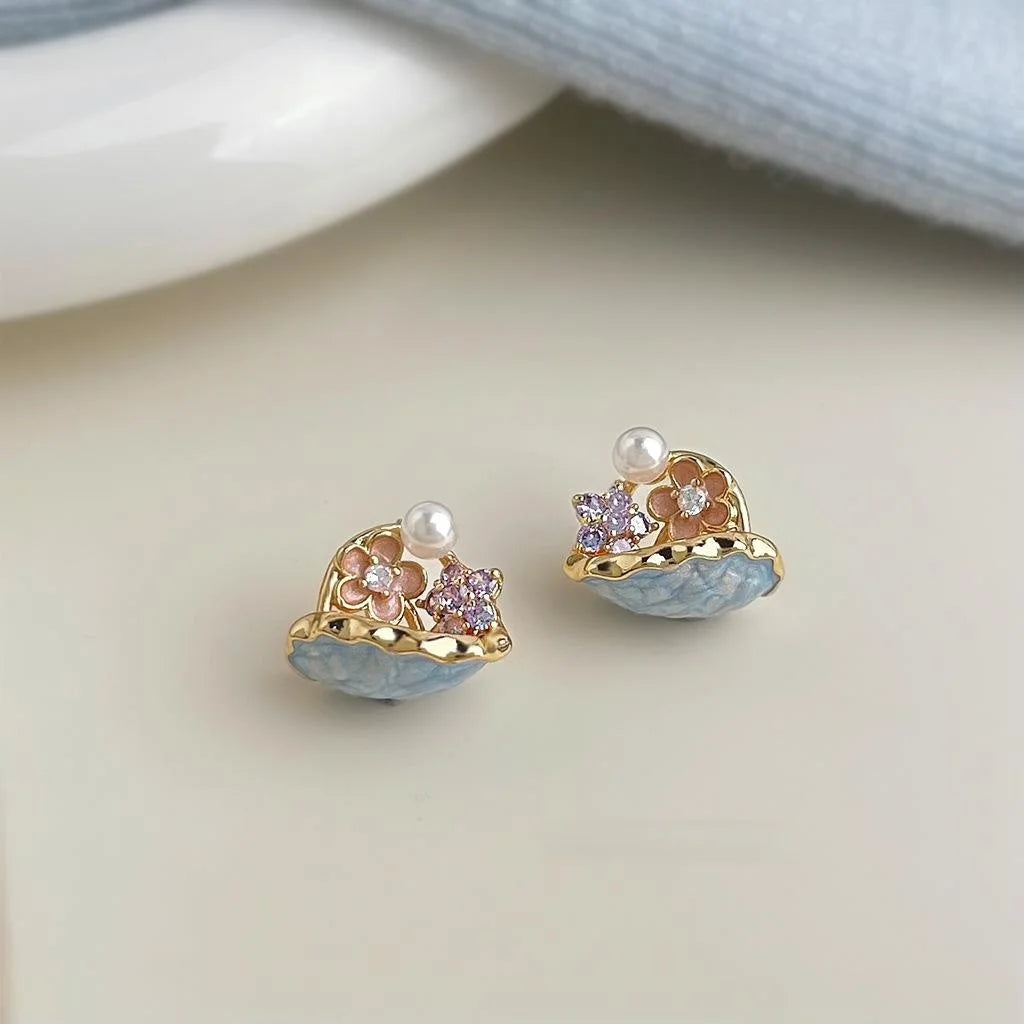 Pastoral Enamel Painted Flower Stud Earrings With Zirconia High Gloss Pearl Copper Jewelry