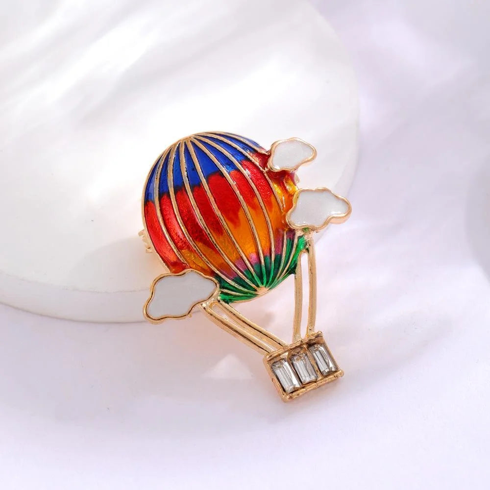 Cute Enamel Hot Air Balloon Brooch With Rhinestone Basket And Cloud Charm, Colorful Alloy Lapel Pin Gift