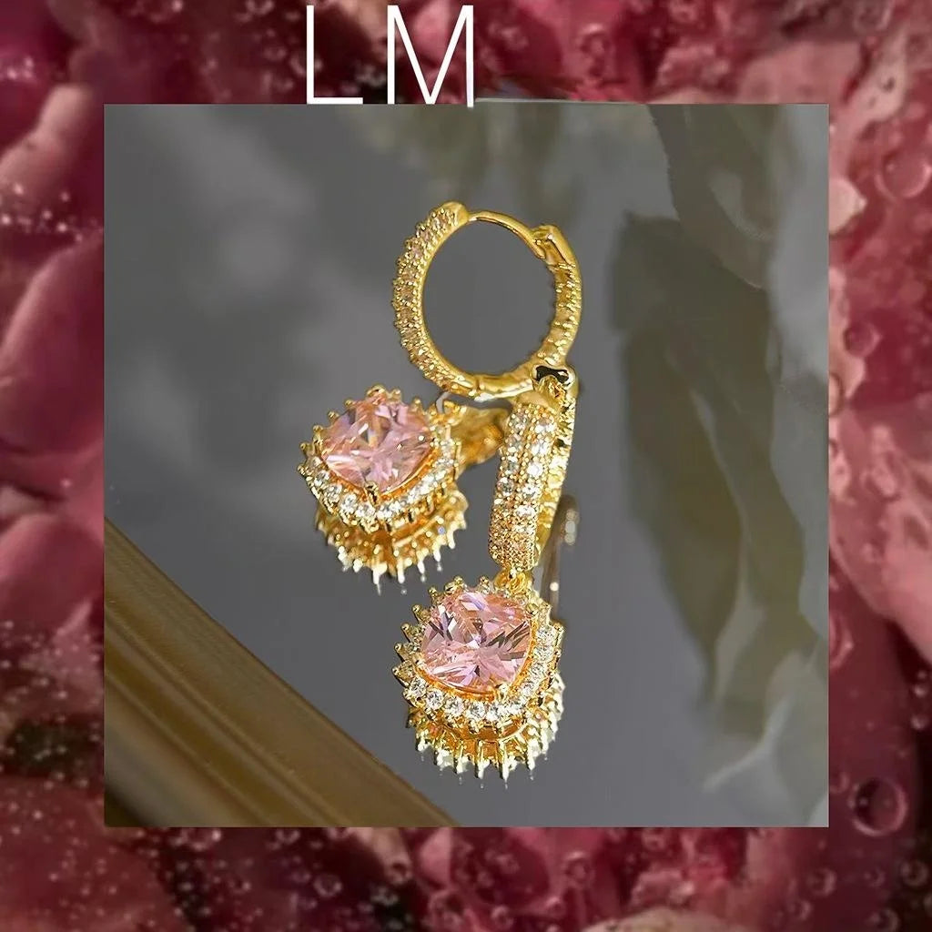 Pink Zircon Inlaid Copper Geometric Sugar Cube Drop Earrings Light Luxury Jewelry