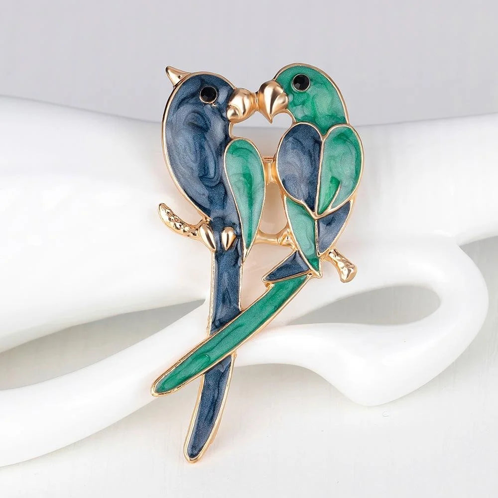 Elegant Enamel Lovebird Parrot Brooch Pin, Gold Tone Alloy Bird Lapel Pin Corsage Suit Accessory Gift