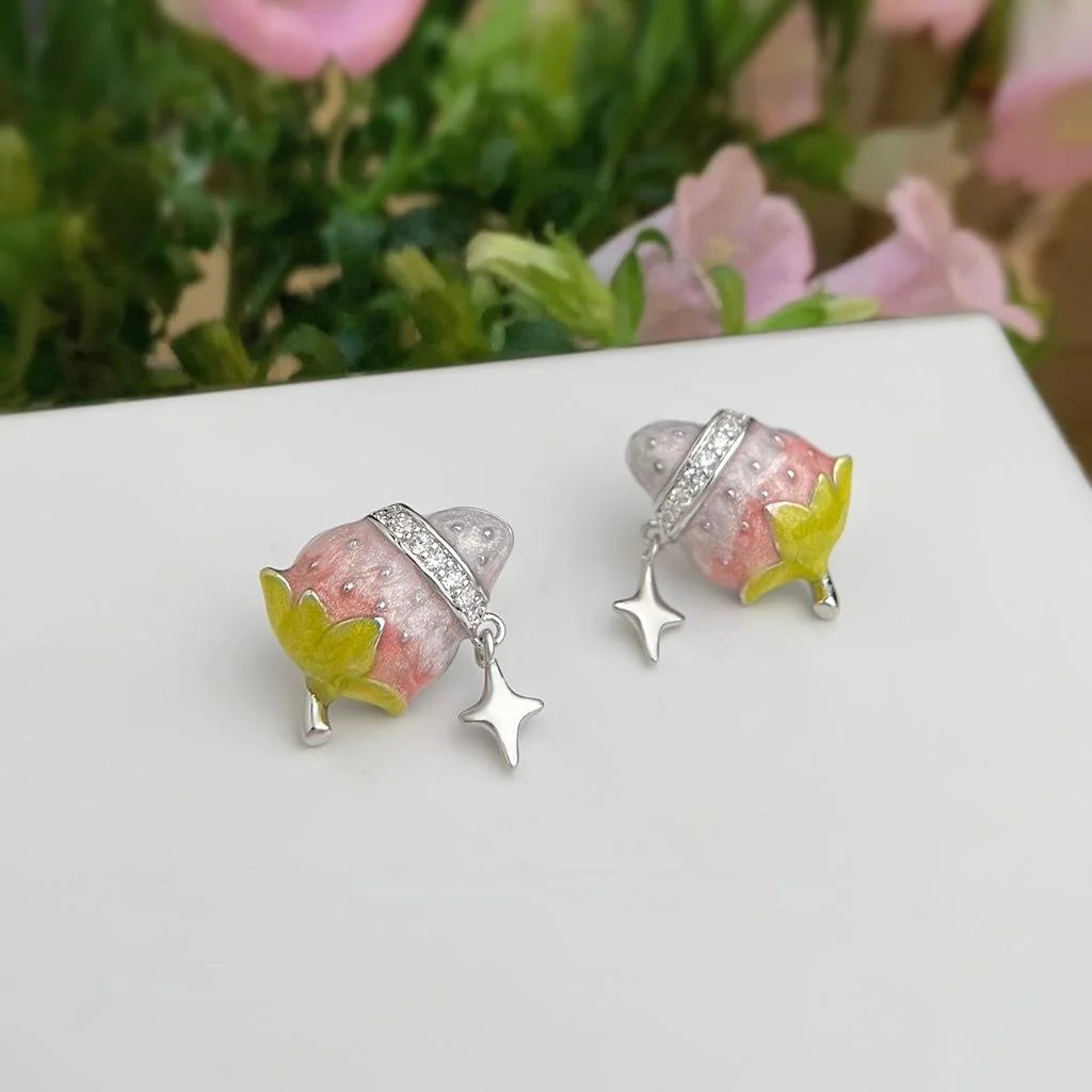 Sweet Strawberry Star Copper Stud Earrings, Cute Cream Girl Designer Style