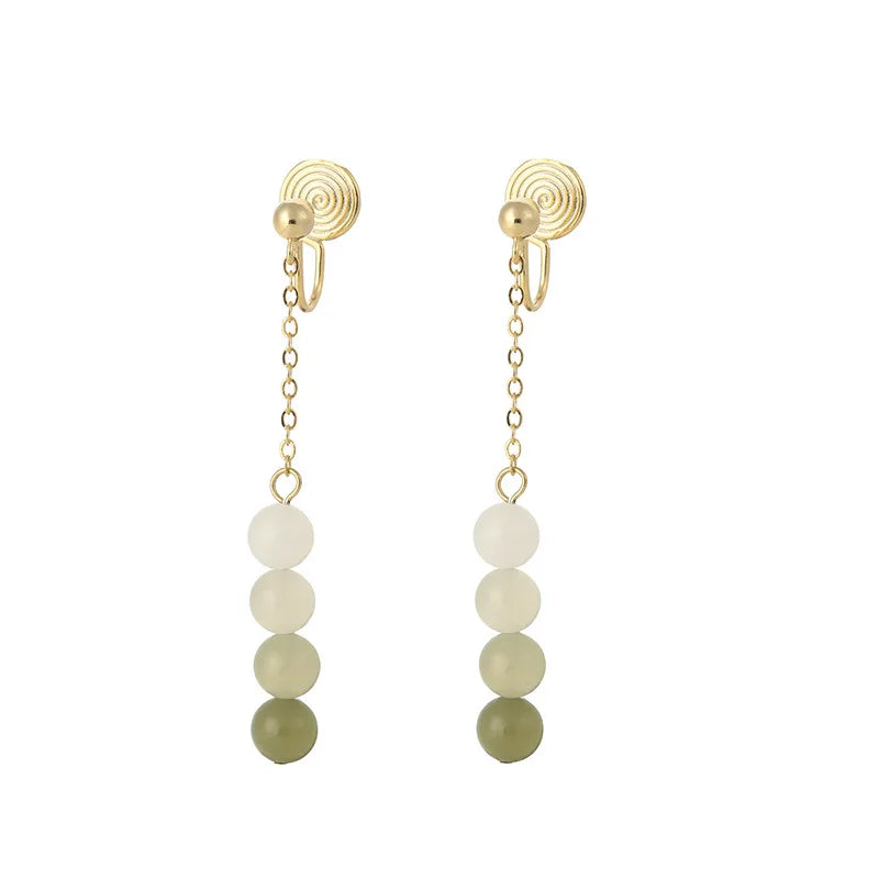 Vintage Chinese Style Gradient Jade Bead Tassel Alloy Spiral Disc Stud & Clip On No Piercing Earrings