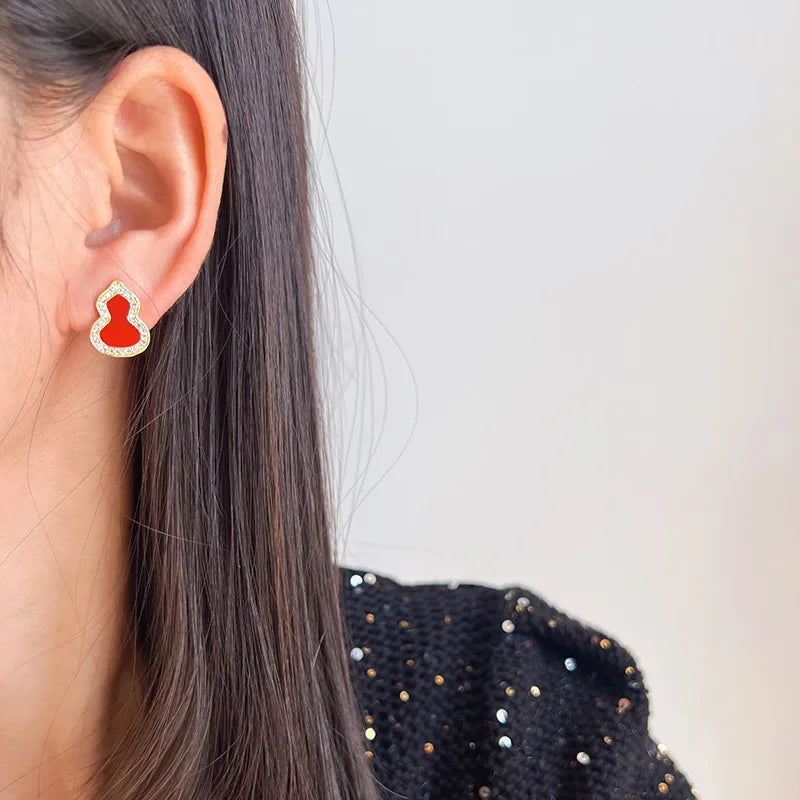 Elegant Red Enamel Gourd Shape Rhinestone Alloy Stud & Clip On No Piercing Light Luxury Earrings