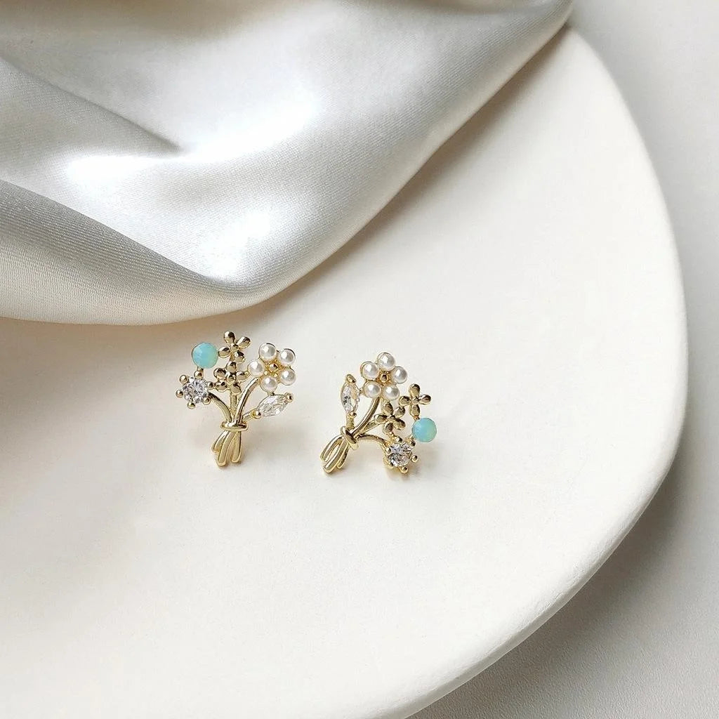 14K Plated Copper Floral Bouquet Stud Earrings With Zircon Micro Pave Korean Sweet Jewelry