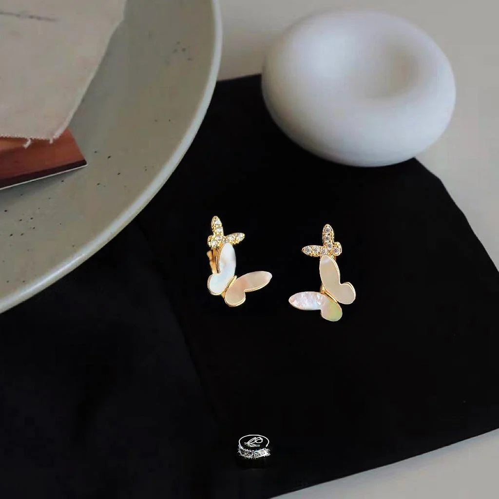 14K Gold Plated Copper Shell Butterfly Stud Earrings With Micro Pave Zircon, French Vintage Style