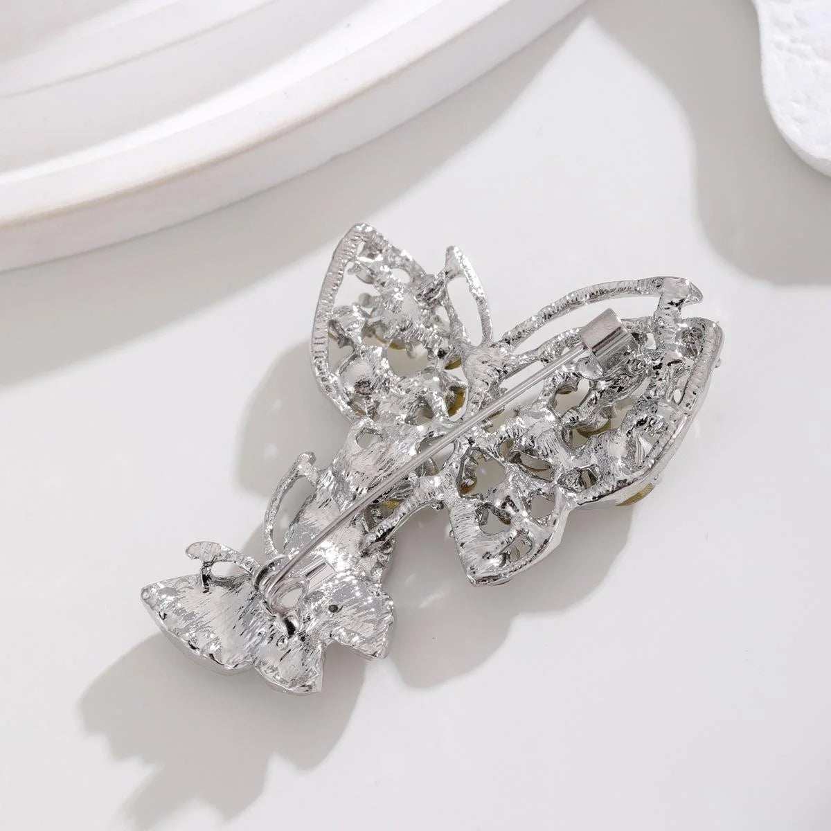 Elegant Double Butterfly Rhinestone Alloy Brooch, Sparkling Crystal Lapel Pin Corsage For Women's Suits