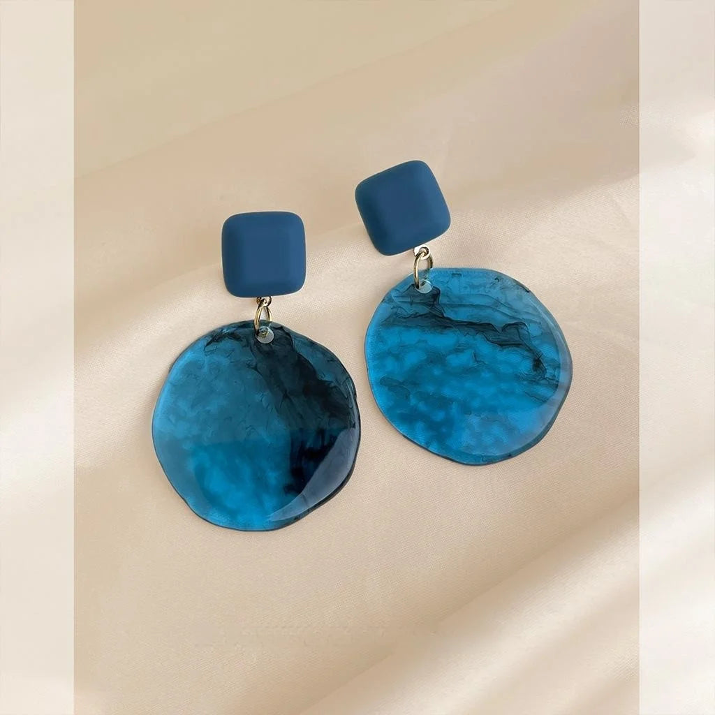 Vintage Glacier Blue Cloud Mist Semi Transparent Resin Oval Drop Earrings With Silver Plated Pins