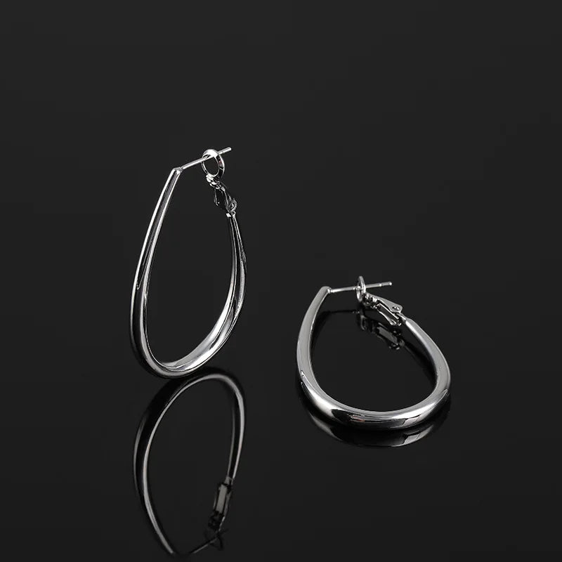 Elegant Silver Alloy Teardrop Hoop Stud & Clip On No Piercing Minimalist Statement Earrings