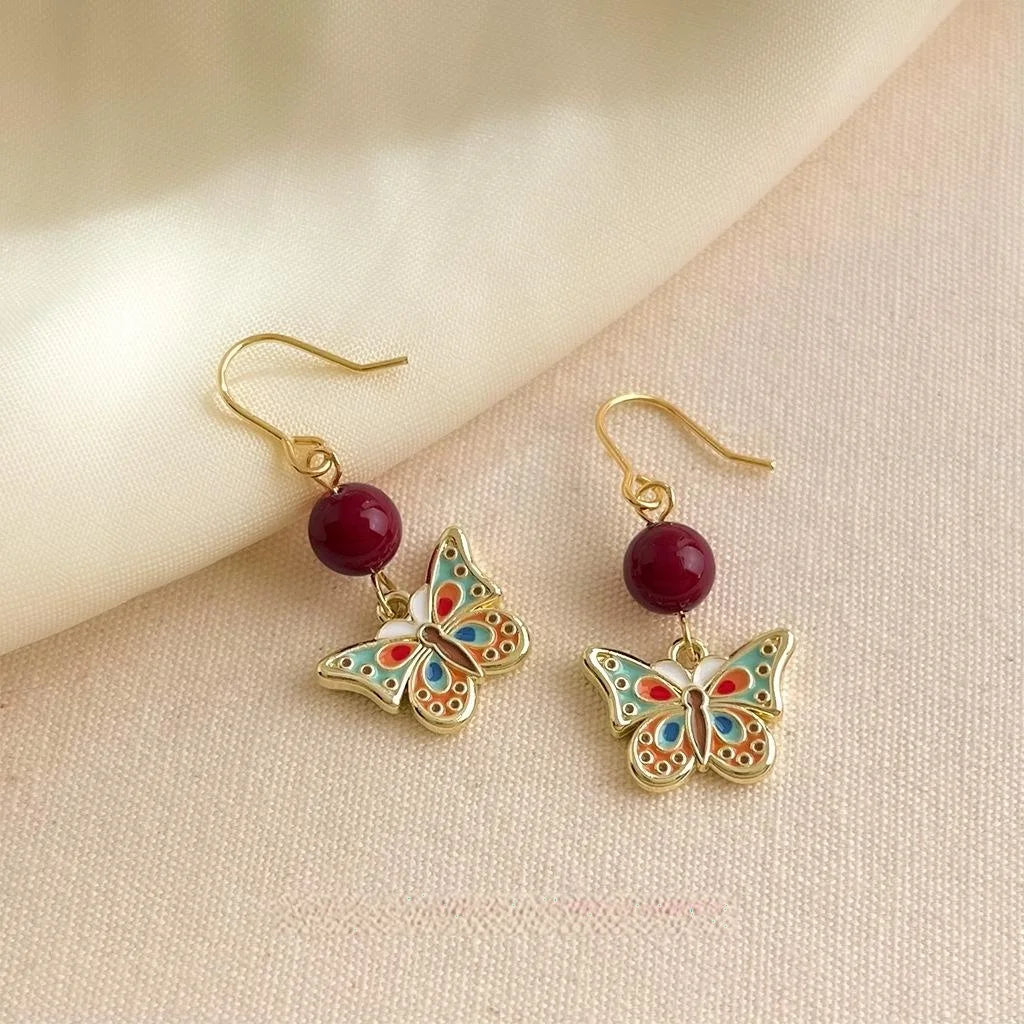 New Chinese Style Copper Double Sided Enamel Butterfly Drop Earrings Handmade Designer Jewelry
